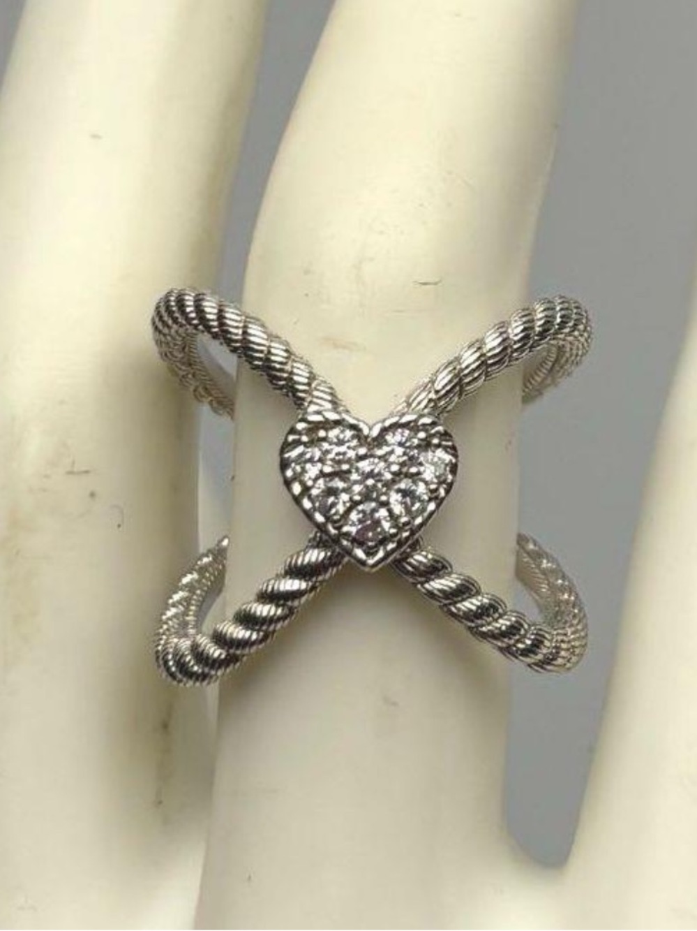 Women’s Judith Ripka 925 Sterling Silver CZ Heart Crisscross Rope Ring